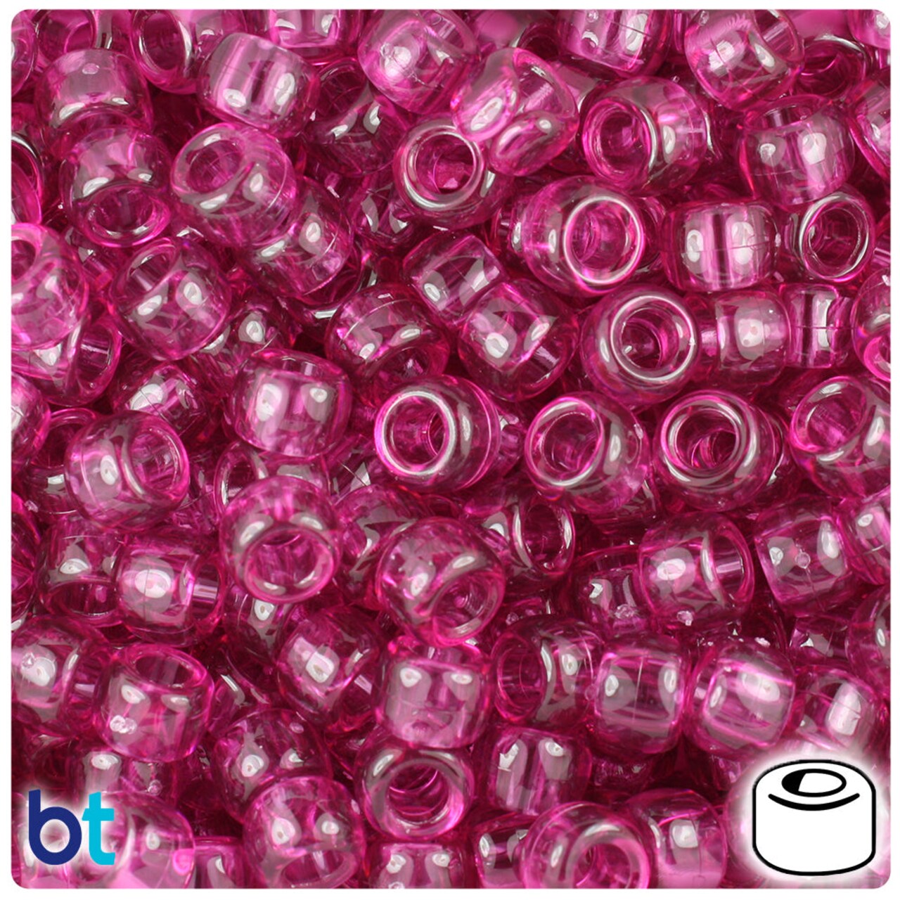 BeadTin Fuchsia Transparent 9mm Barrel Plastic Pony Beads (500pcs)
